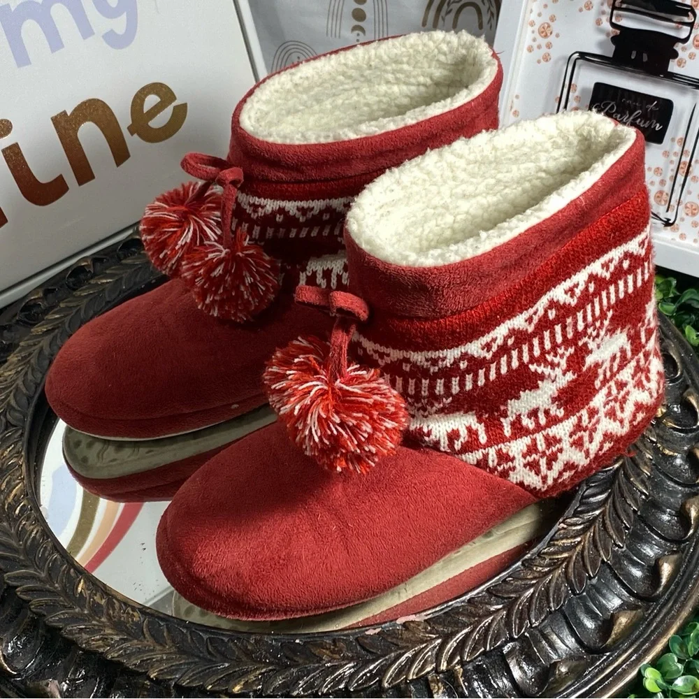 Red Slipper Boots with Pom Poms